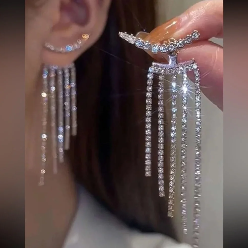 Silver Rhinestone Elegant Tassel Drop Earrings For Wedding Party Gift Women - Picture 5 of 5